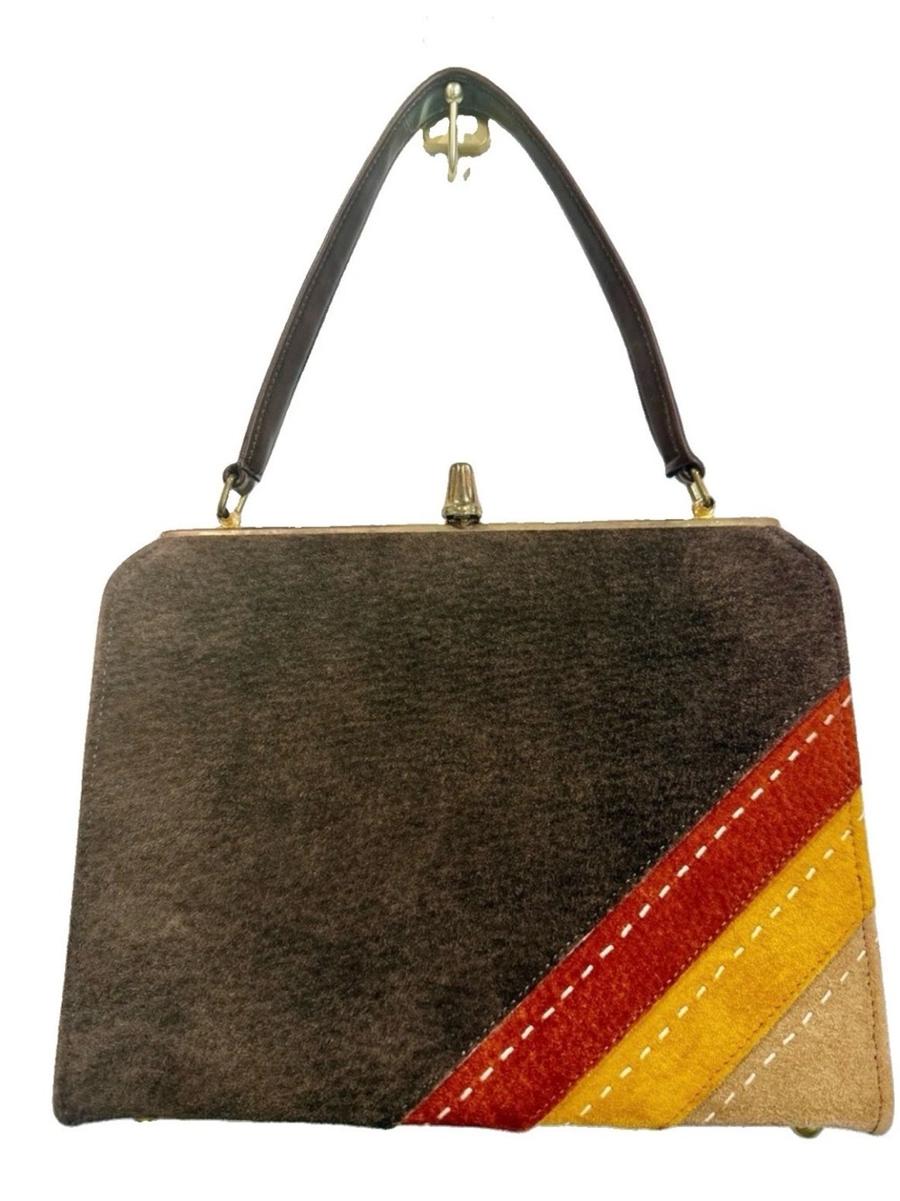 Lia Vintage Faux Brown Suede Top-Handle Satchel with Diagonal Colorblock Accents